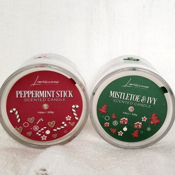 Set of 2 Christmas Glass Candles - Candy Cane & Green Christmas Tree - New - Picture 2 of 6